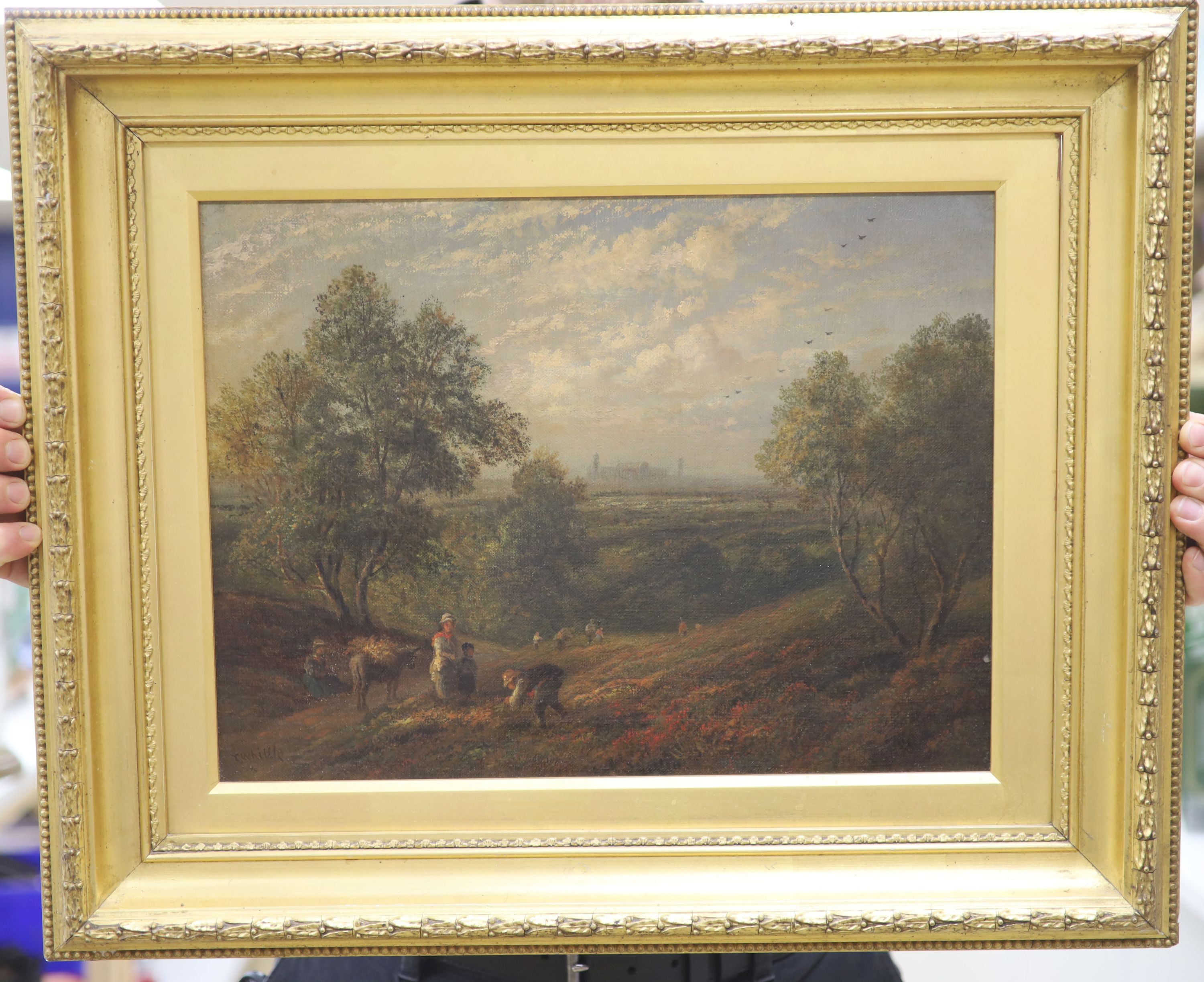 Thomas Whittle (1803-1887), oil on canvas, Figures in a landscape with the Crystal Palace showing in the distance, signed, 30 x 40cm